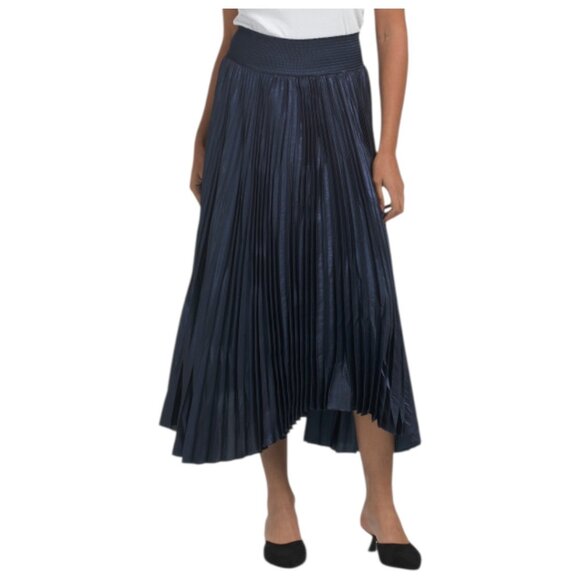 ELIE TAHARI Smocked Waistband Pleated Metallic Midi Skirt With Uneven Hem - Picture 1 of 2